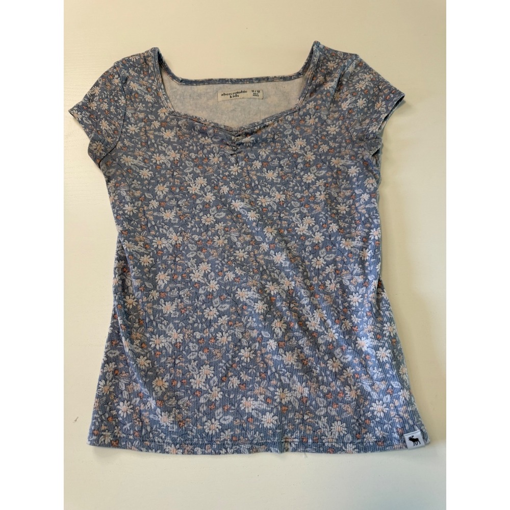 Abercrombie Kids Blue Floral Ribbed Sweetheart Neck Short Sleeve Top Size 11/12